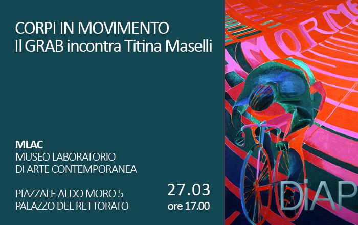 Sintesi evento a sinistra; particolare del dipinto di Titina Maselli, Ciclista, 1995, acrilico su tela, a destra