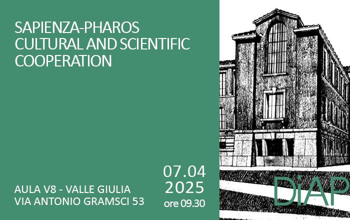 testo evento a sinistra, disegno facoltà Architettura Valle Giulia a destra