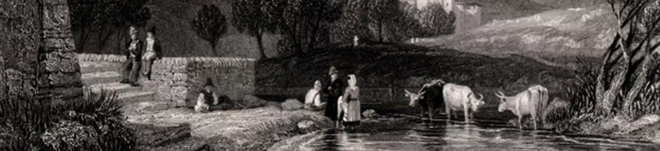 Fiume Aniene con scene di vita fluviale d'epoca remota, con persone e buoi